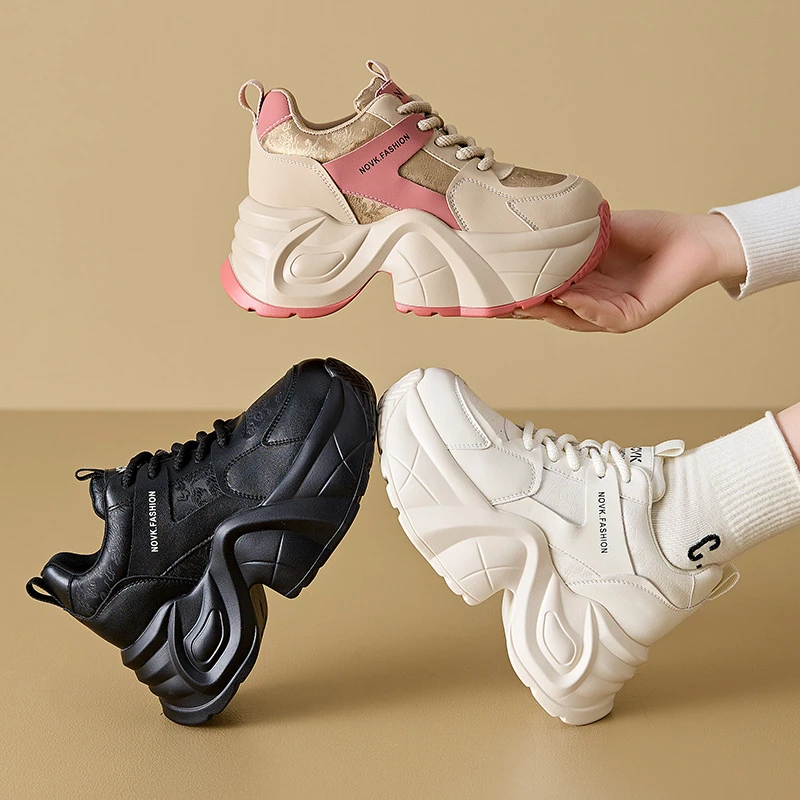 

Women'S Platform Chunky Sneakers Lace Up Design With Sport Tag Detail Two Tone Black And White White And Beige Colors Thick Sole