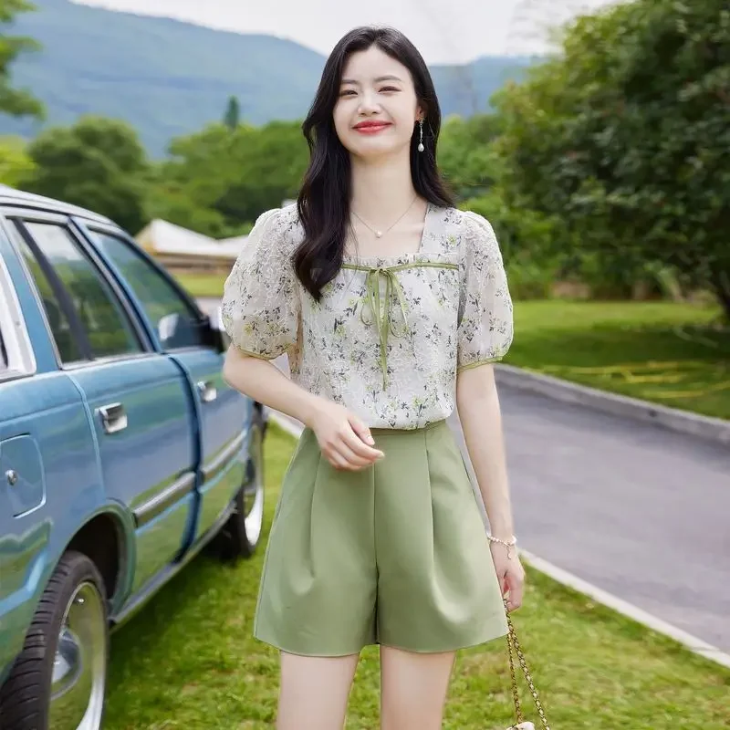 

Lace-up Flowers Shirts & Blouses Short Sets for Women 2 Pieces Korean Style Loose Casual Outfit Cheap Offers Trends Woman Shorts
