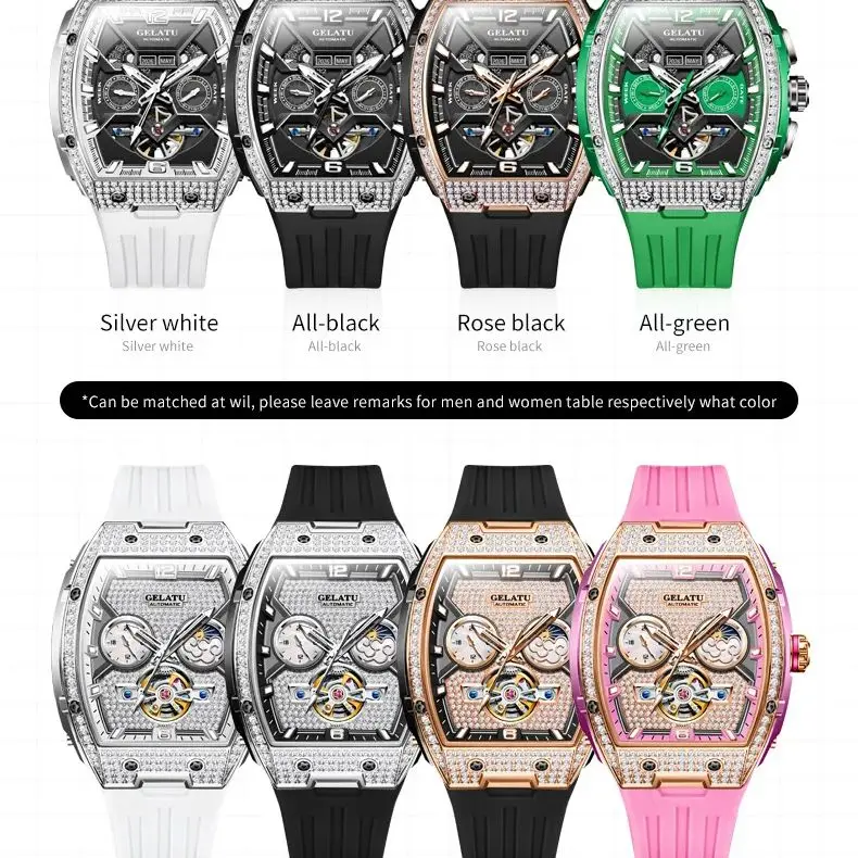 นาฬิกาคู่อัตโนมัติ GELATU แบบกลไกโชว์กลไก ดีไซน์หรูหรา สำหรับผู้ชายและผู้หญิง กันน้ำ เรืองแสง รุ่น NO:6016