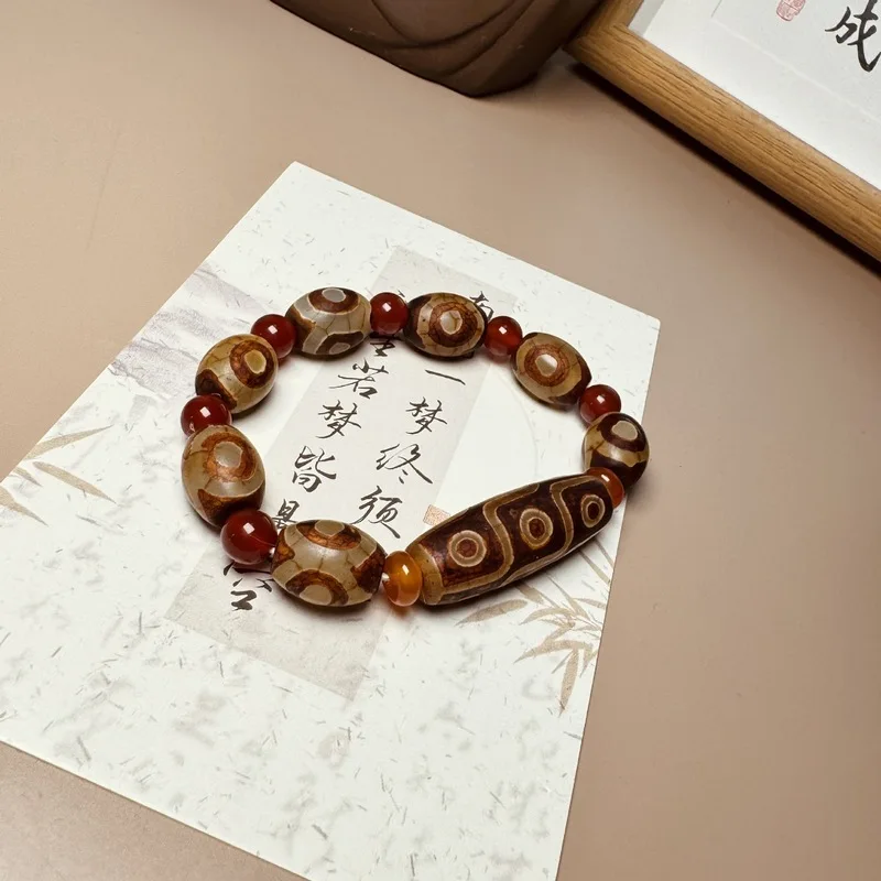 Tibetan-style nine-men's agate women's three-eye Dzi bead bracelet Buddhist prayer beads trend