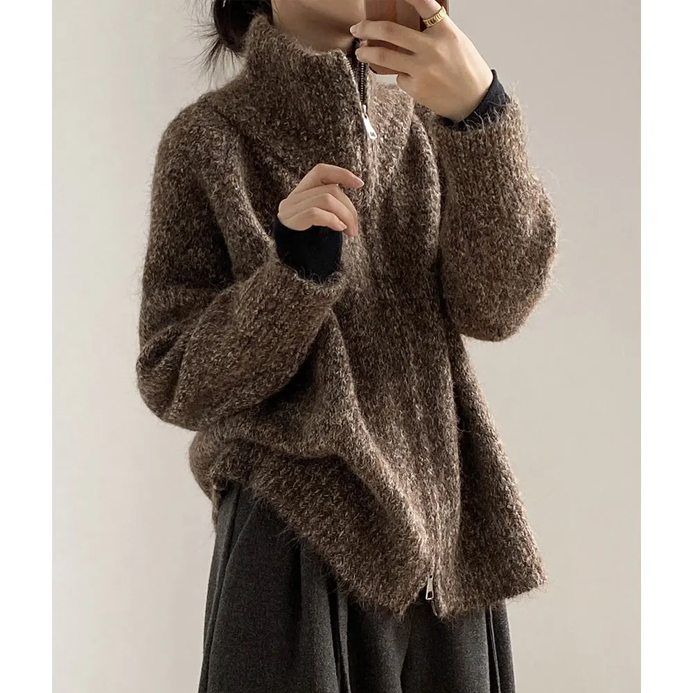 

2025 женский теплый свитер с воротником на двух молний, вязаные кардиганы, пальто, осенняя одежда, топы для женщин, свитер