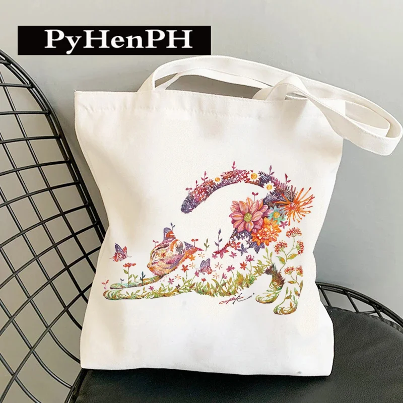 Flower Cat Canvas Bag Women Fashion Shoulder Totebag Female Shopping Bags Girl Student School Bags