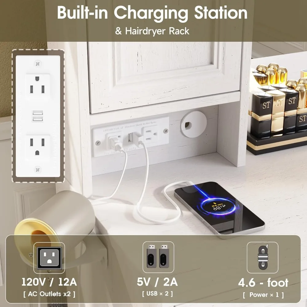 슬라이딩 보석 선반이 있는 조명 거울 화장대와 4개의 서랍, 대형 메이크업 스테이션