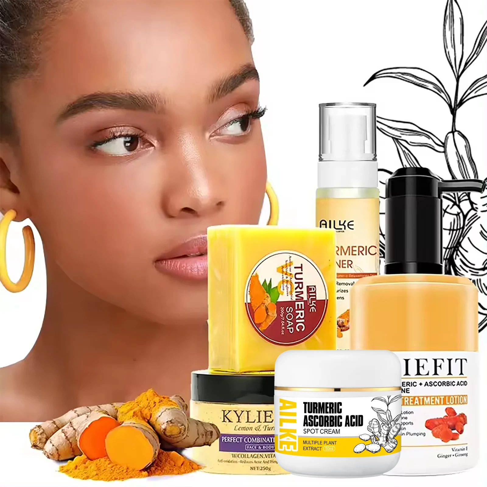 

AILKE Organic Turmeric Skin Care Range, Whiten, Remove Acne, Clean Stains, Exfoliation, Even Skin Tone, Improve Dull Skin