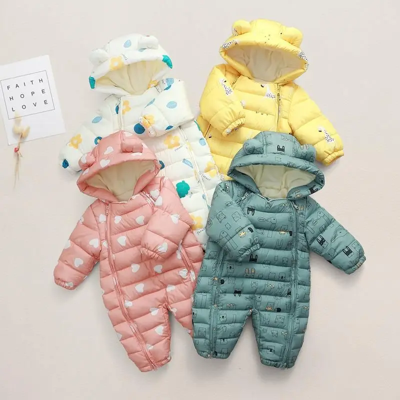 2024 Winter Baby Boys Snowsuit Hooded Plus Velvet Warm Toddler Girl Rompers Pattern Printed Padded Infant Boys Overalls Coat