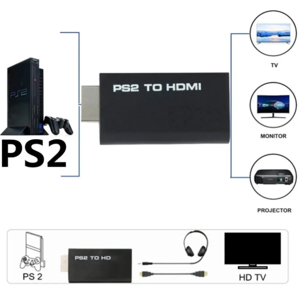 1080P PS2 to HDMI-compatible Converter 480i/480p/576i PS2 to HDMI Audio Video Adapter Cable Supports PC All PS2 Display Modes