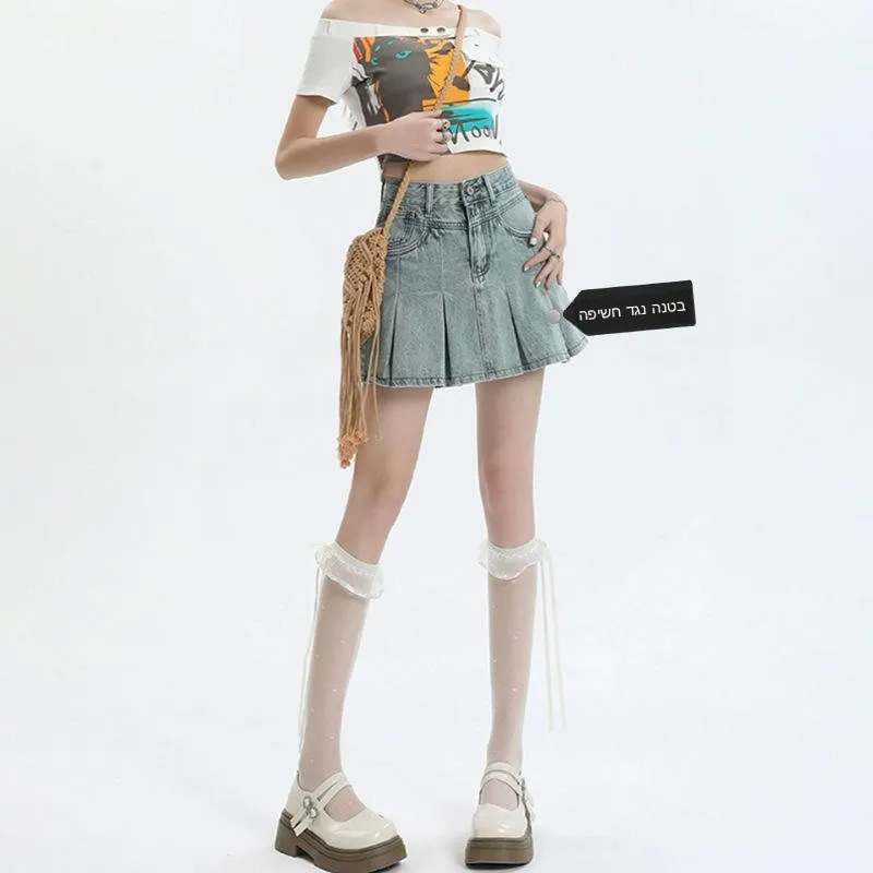 Retro American High Waist Denim Skirt Women's Spring Summer New Style Spicy Girl Pleated A-Line  Skirt Fashion Trend