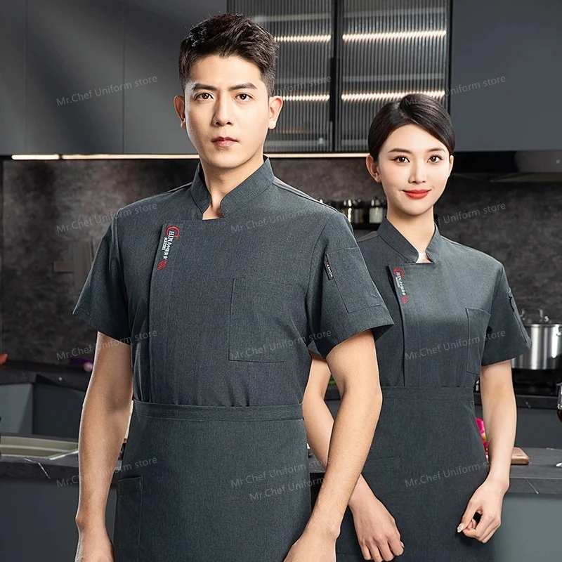 Uniforme de Chef à manches courtes pour hommes, veste de chef de Restaurant avec tablier, manteau de cuisinier, T-shirt de Chef, uniforme de travail, vêtements de serveur d'hôtel, Logo