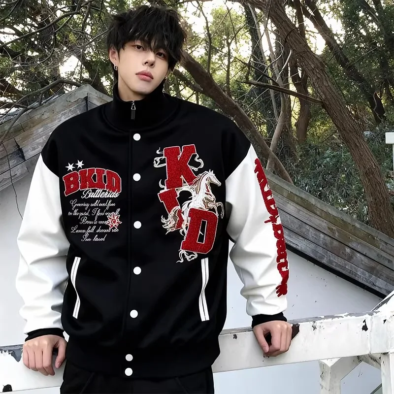 Heavy Embroidery Baseball Jacket Men's Vintage Woolen Design Outerwear Couple's Style Summer Fashion Loose Fit Polyester Fiber