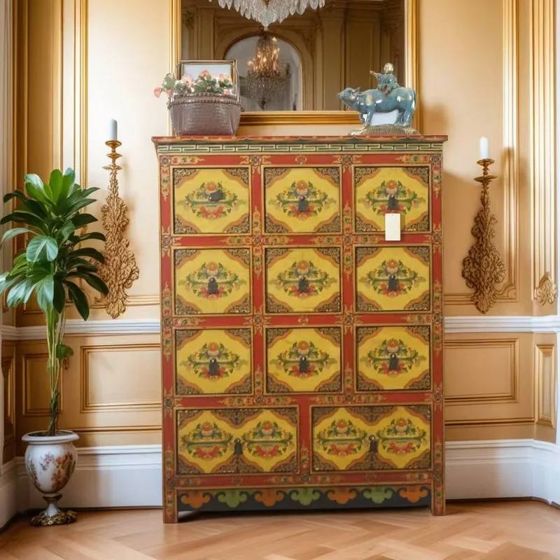 Tibetan retro entrance made old painted  with more drawers, decorated with  storage and dining side cabinets