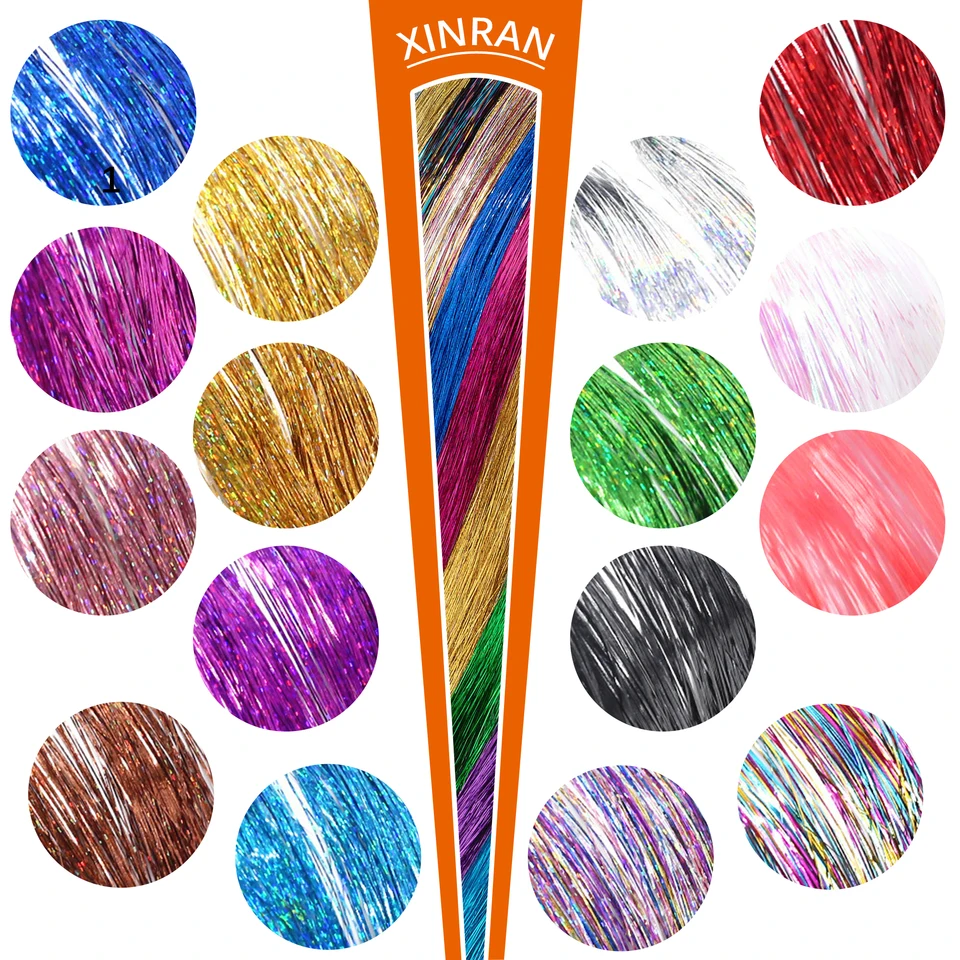 Tinsel de cabello brillante XINRAN de 100 cm, extensiones finas de colores arcoíris para trenzas y tocados 2