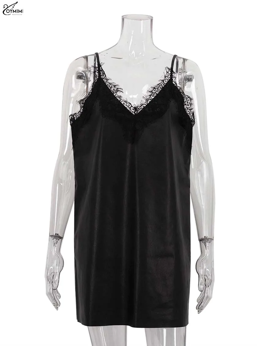 Oymimi élégant noir Pu robes en cuir 2025 femme mode Spaghetti sangle dentelle dos ouvert robes décontracté droite Mini robe