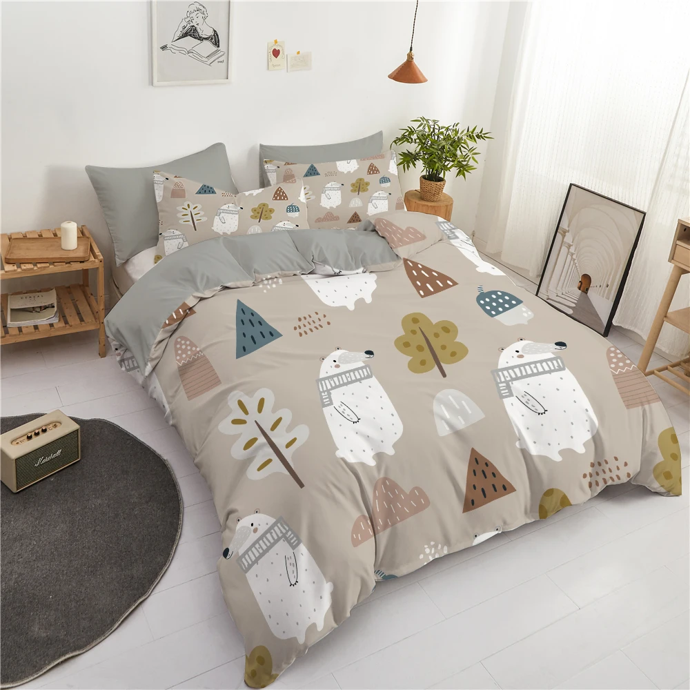 Woodland Theme King Queen Duvet Cover Cute Cartoon Animal Bedding Set Bear Tree Wildlife Comforter Cover Polyester Quilt Cover