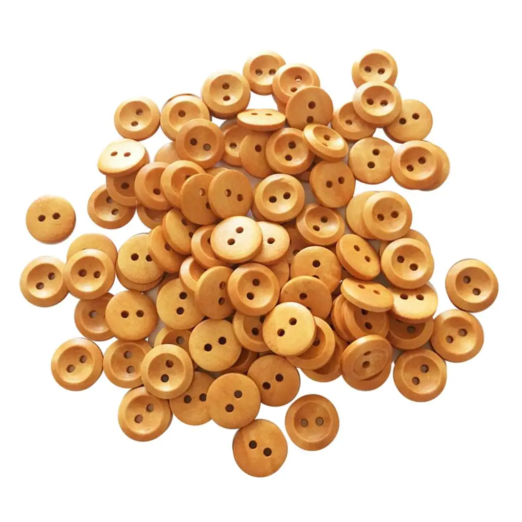 100Pcs Wood Buttons Sewing 2 Holes Round Brown for Clothing Accessories 15mm