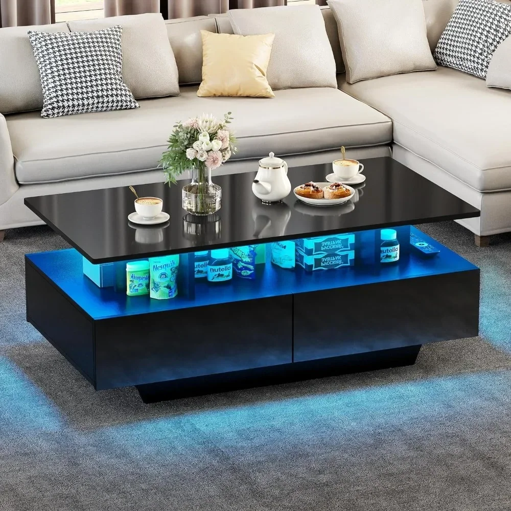 Coffee Table High Glossy LED Coffee Tables for Living Room Black Small Center Table With Open Display Shelf & Sliding Drawers