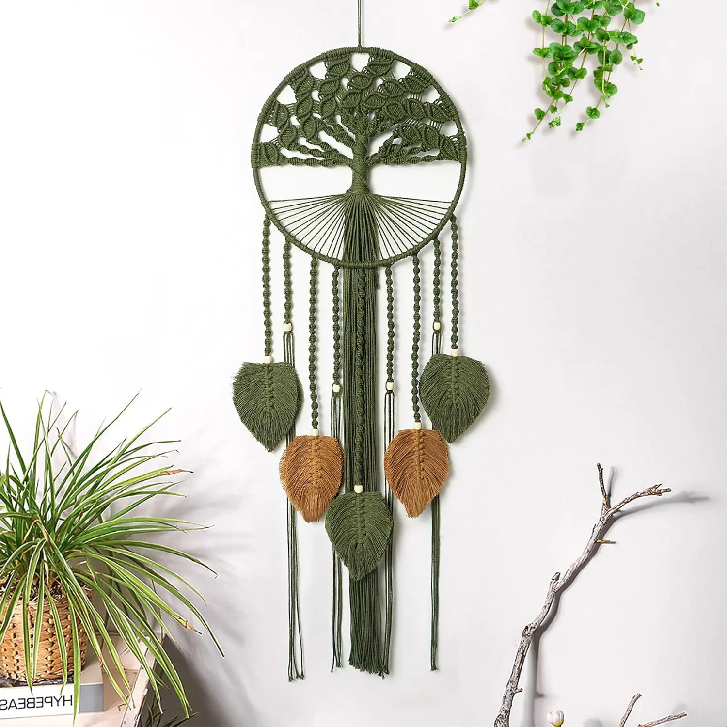 Green Hand Woven Tree Of Life Wall Hanging Bohemian Dream Catcher Net Decorative Tapestry, Holiday Gift.