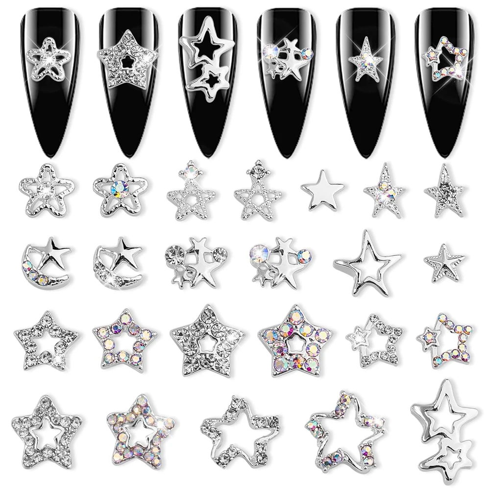 10Pcs Hollow Star Nail Art Charms 3D Alloy Five-Pointed-Star Silver Crystal Diamond Nail Decoration Luxury Manicure Accessories