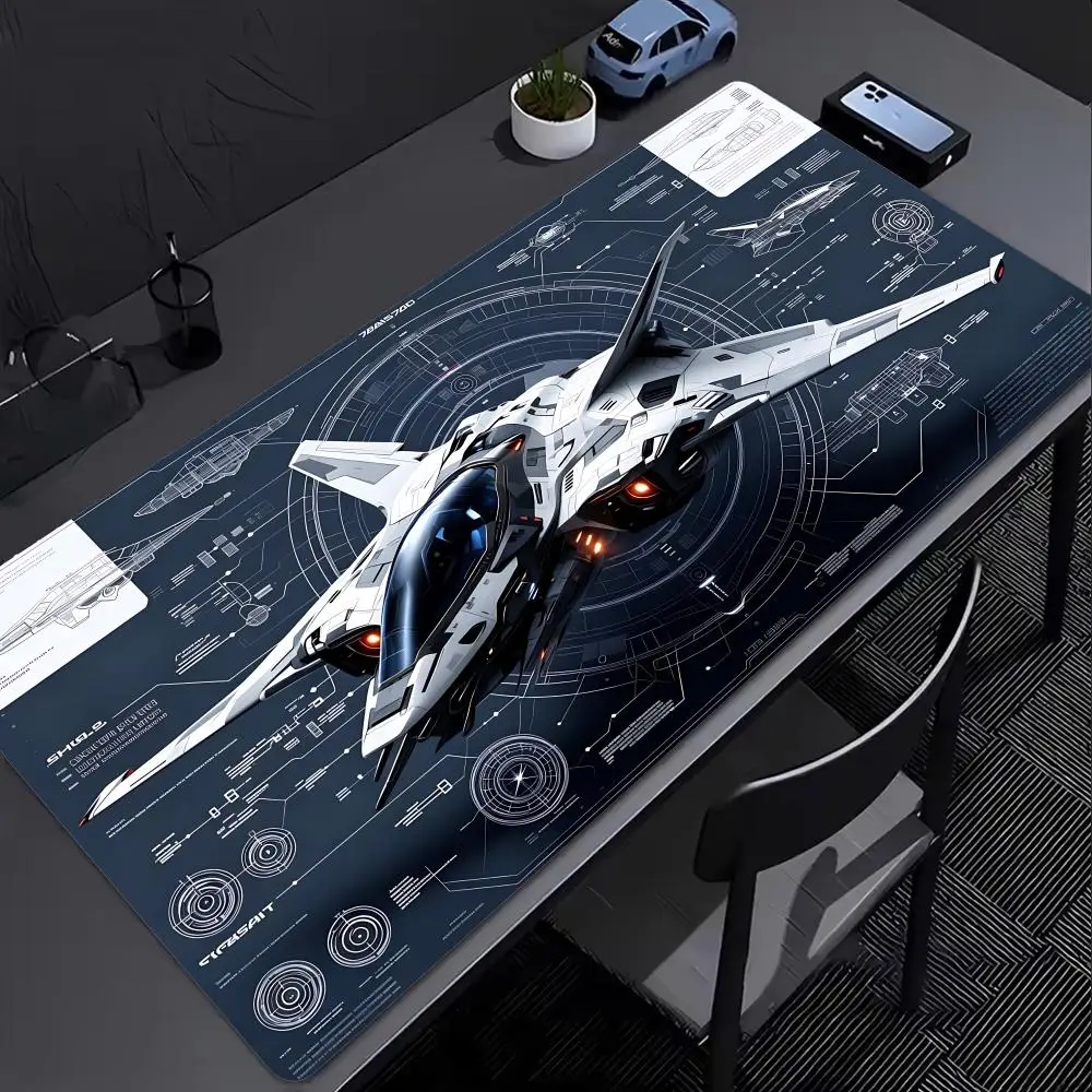 Large Gaming Mouse Pad Sci-Fi Starship Fighter Blueprint XXL Non-Slip Rubber Keyboard Deskmat Futuristic Space Office Table Mat