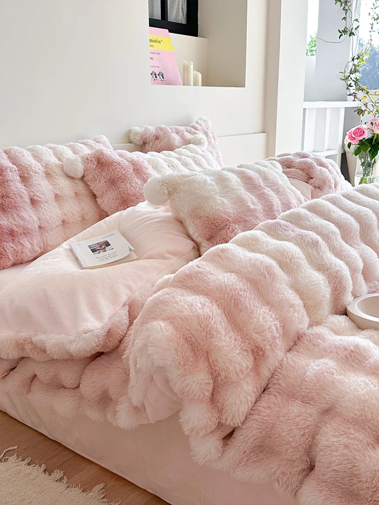 Four-piece set thickened warm autumn and winter solid color quilt cover mattress white pink household bedding simple and retro