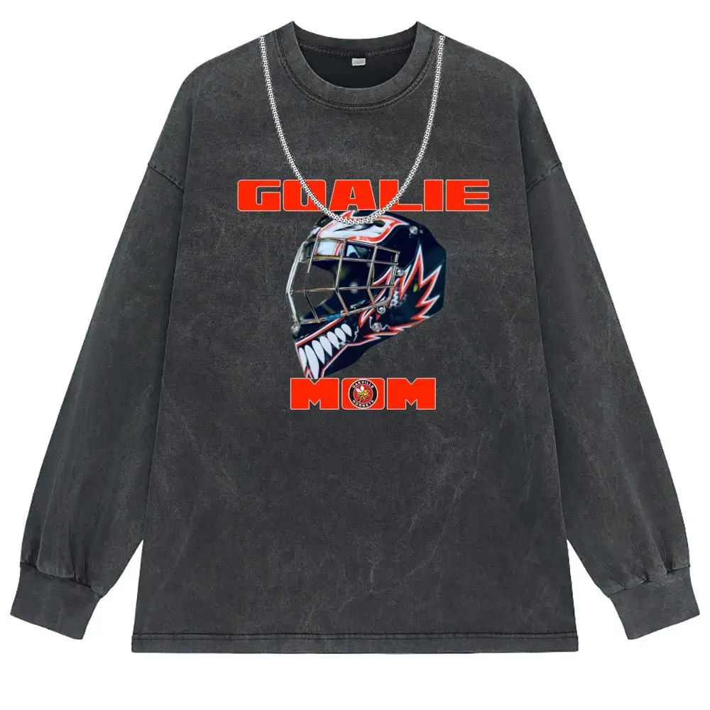 Goalie Mom New Design Vintage Tshirt Helmet Customized Sweatshirts Men Washed Tshirt Harajuku Long Sleeve Motor Tee Shirt