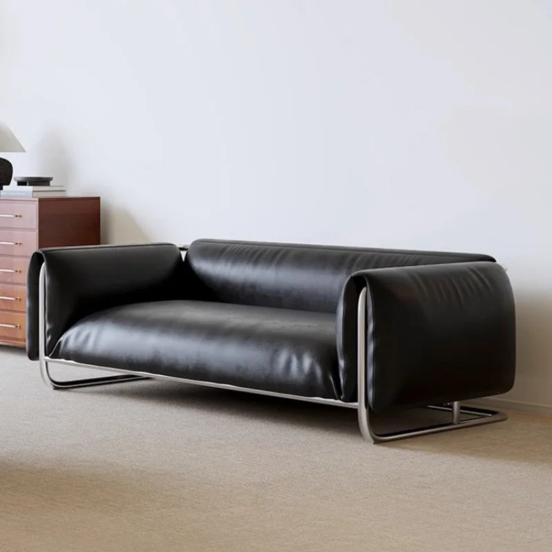 Retro style black stainless steel sofa Medium antique style light luxury designer three-person leather art living room sofa