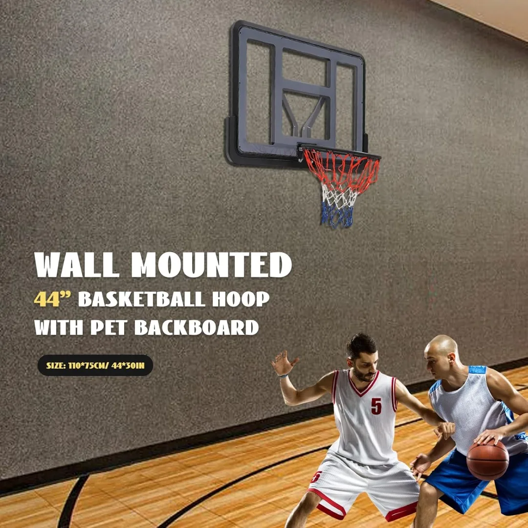 

44" X 30" Adjustable Wall-Mount Basketball Hoop - Shatterproof Backboard & Rim for Gyms/Garages/Schools, Outdoor Indoor Use