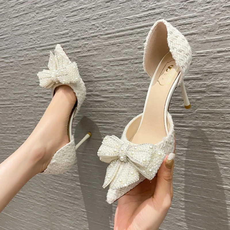 Brand Designer High Heels Pumps Woman Thin Heeled Party Shoes Luxury Pearl Crystal Bowtie White Wedding Shoes Women 2023 Autumn