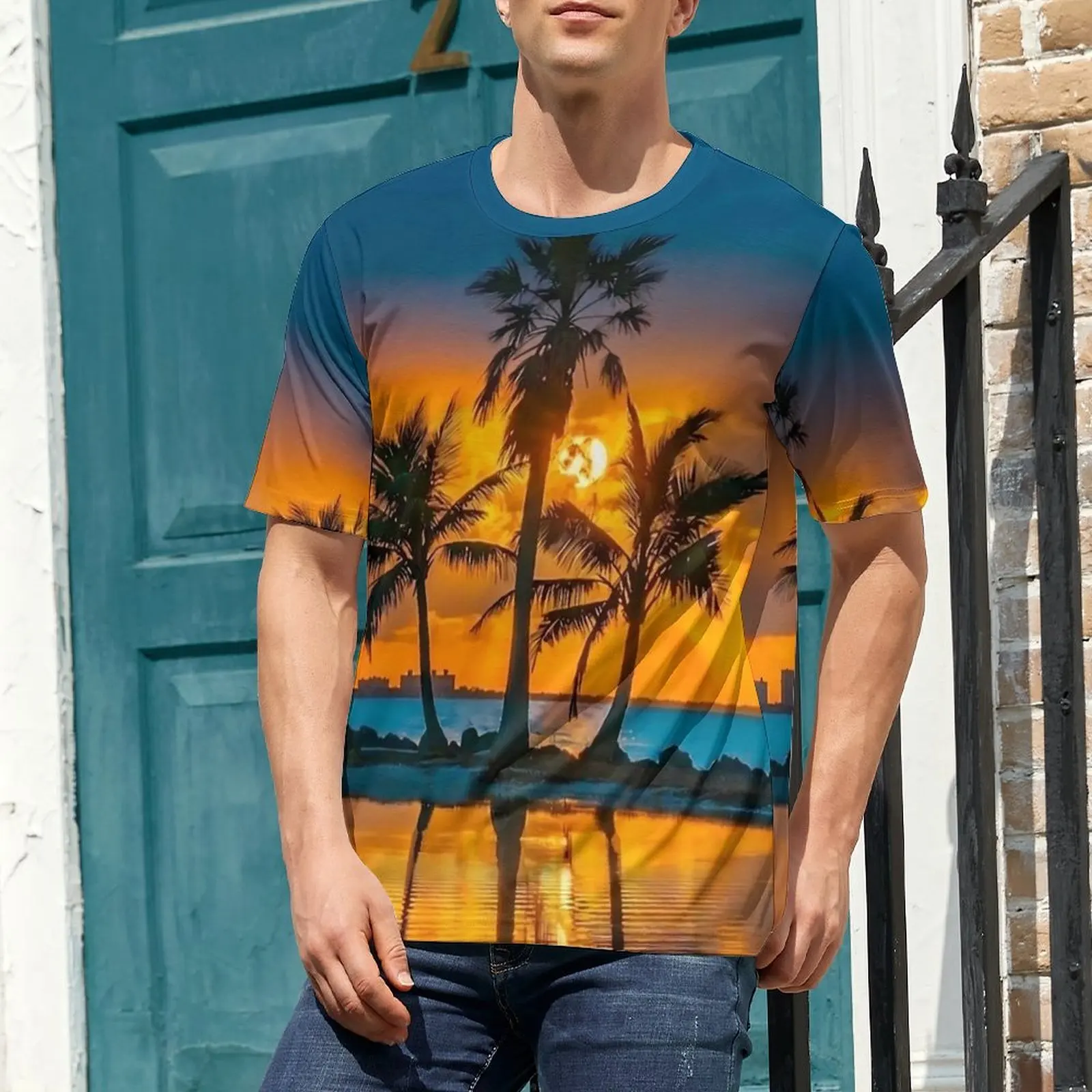 Palm Trees T-Shirt For Mens Sunset Print Custom O Neck T-Shirts Summer Cool Clothes Short Sleeve Funny Oversize Tees Present