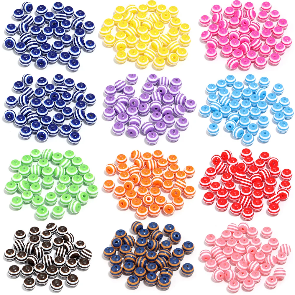 50-100pcs/lot Colorful Stripe Resin Beads Round Loose Beads Spacer Beads For Jewelry Making DIY Bracelets Necklace Accessories