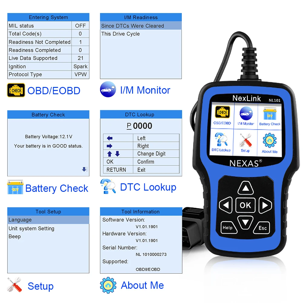 NEXAS NL101 OBD2 Scanner Diagnostic Tool with Battery Test Check Car Engine Light OBDII Function Live Data Stream Free Update