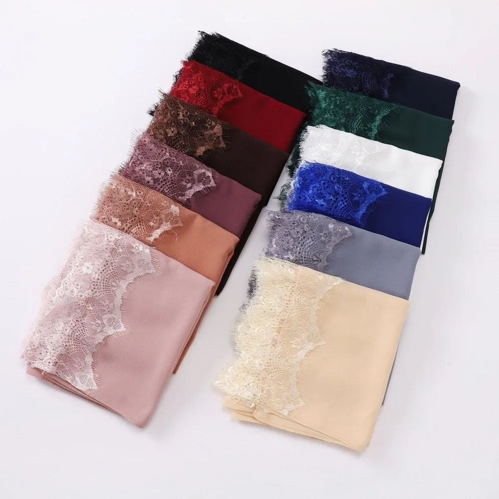 

Versatile Solid Color Silk Scarf Lace Edge Soft Chiffon Hijab Veil Breathable Long Headwraps Women Headwear