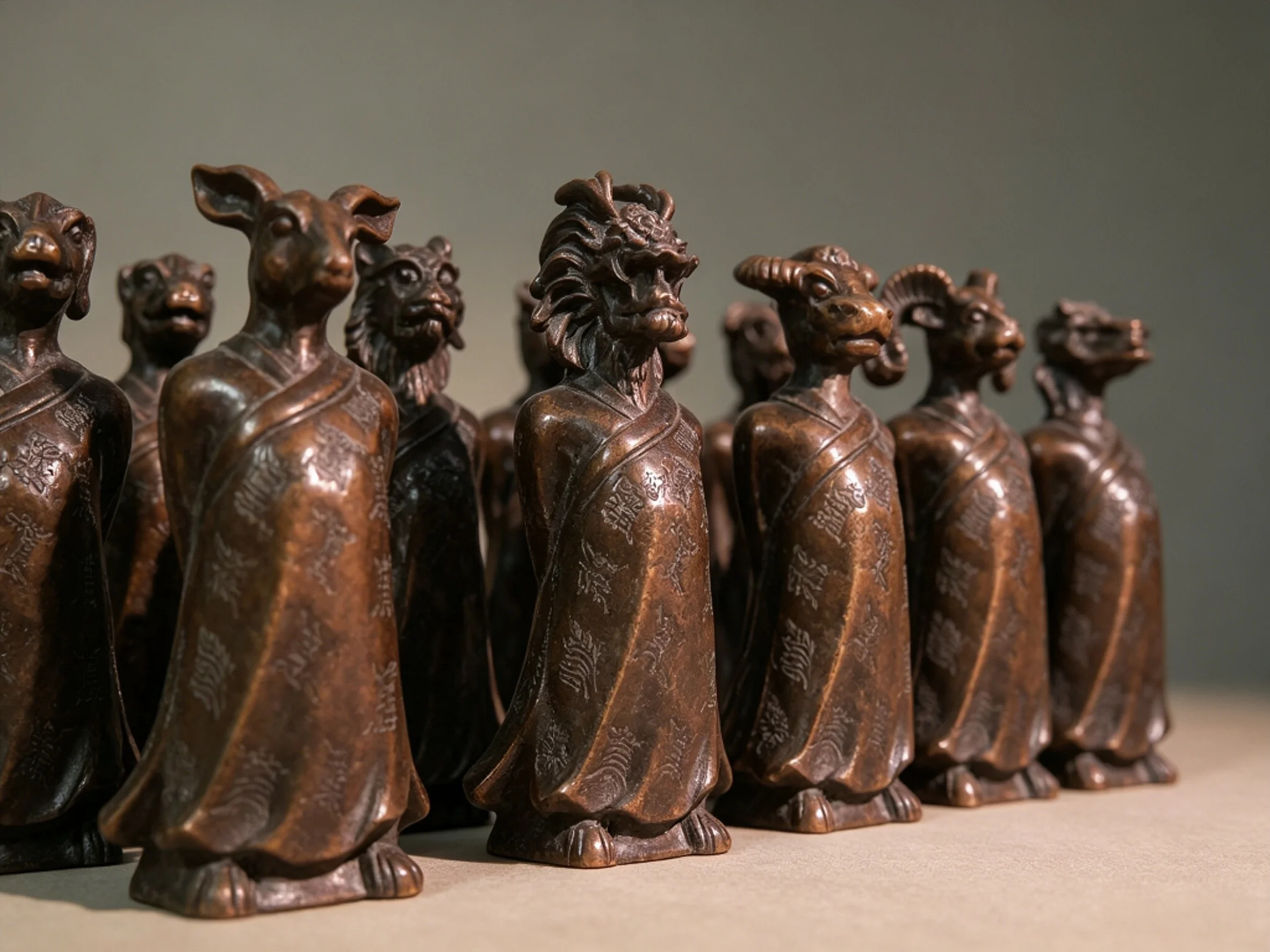 Copper Ornaments with Human Bodies and Animal Heads for Twelve Chinese Zodiac Incense Holders, Home Decor, Cultural Curiosities