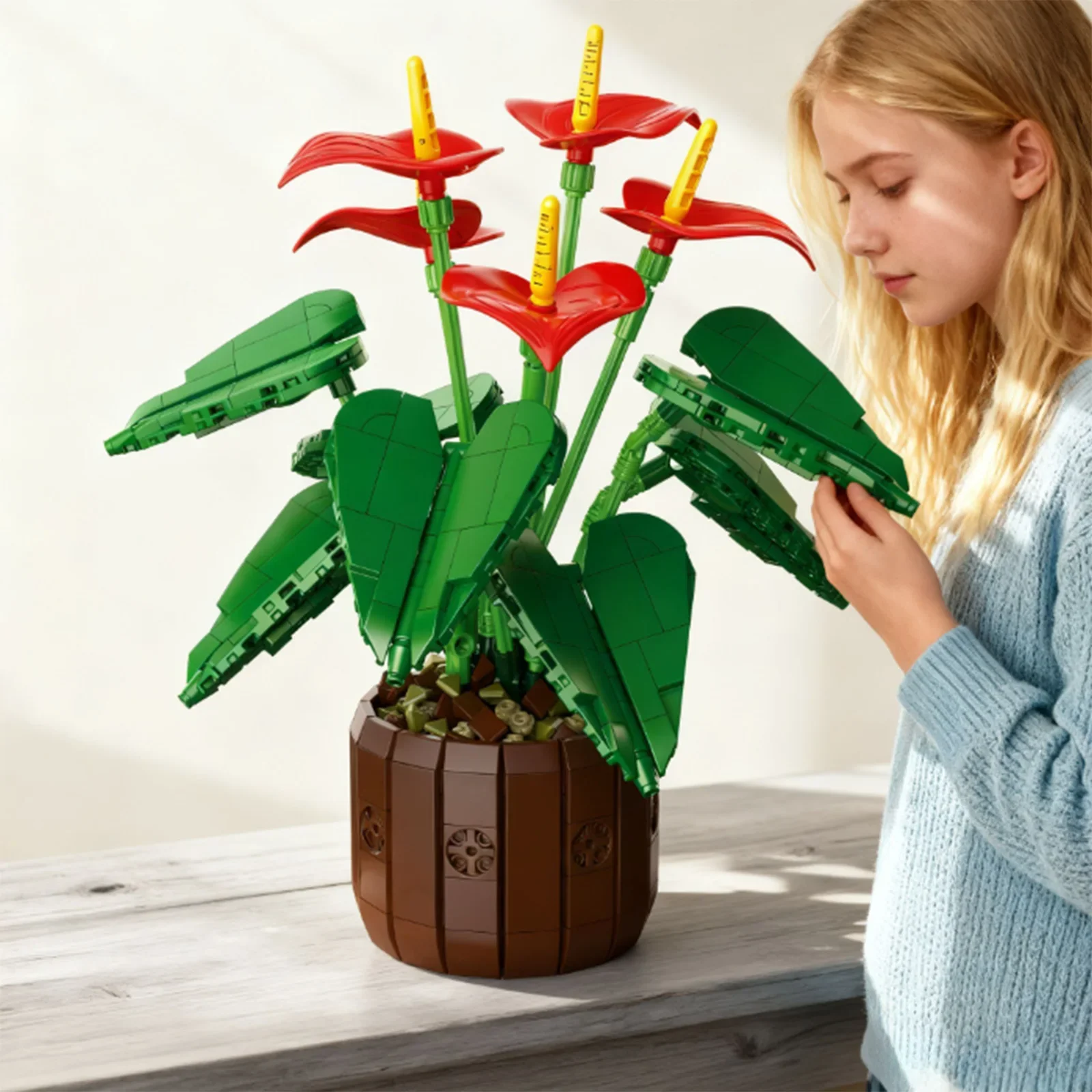 

732 шт., набор строительных блоков Anthurium Story, красное растение в горшке, букет цветов, модель домашнего декора, сборная игрушка для девочек, праздничный подарок