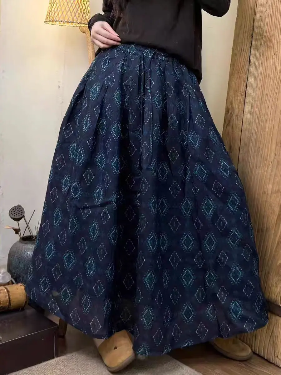 กระโปรงทรงเอผ้าฝ้ายลินินพิมพ์ลายสไตล์เรโทรลำลองสำหรับผู้หญิง รุ่นใหม่ล่าสุดสำหรับฤดูร้อน ทรงหลวมใส่สบาย