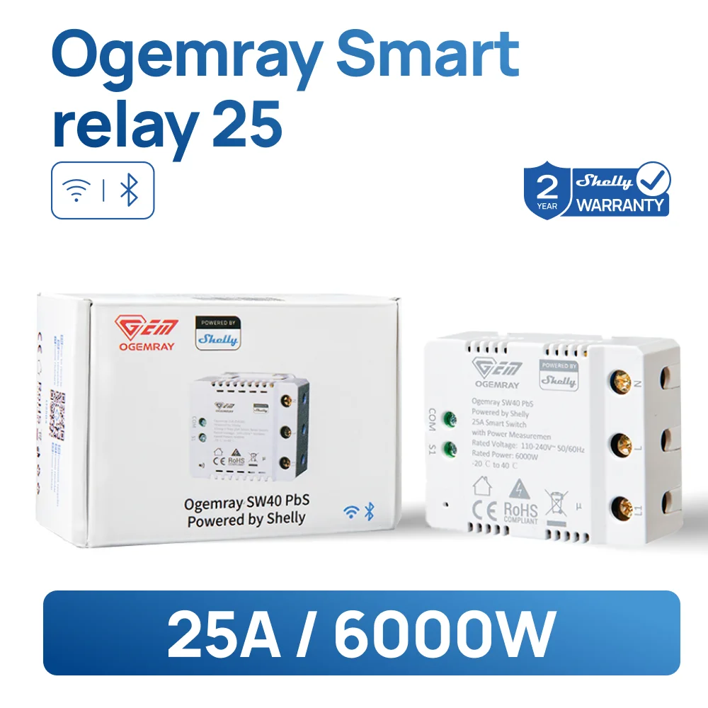 Ogemray Smart Relay 25A Smart Relay Powered by Shelly Designed for Precise Control of Large Appliances up to 25A / 6000W