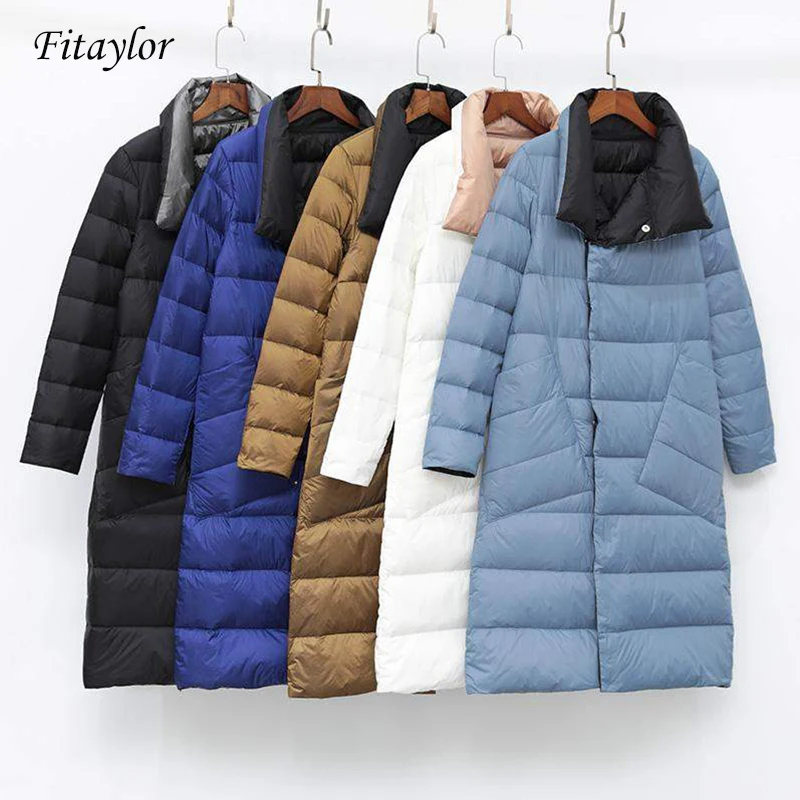 Fitaylor Women Double Sided Down Long Jacket White Duck Down Coat Winter Double Breasted Warm Parkas Snow Outwear