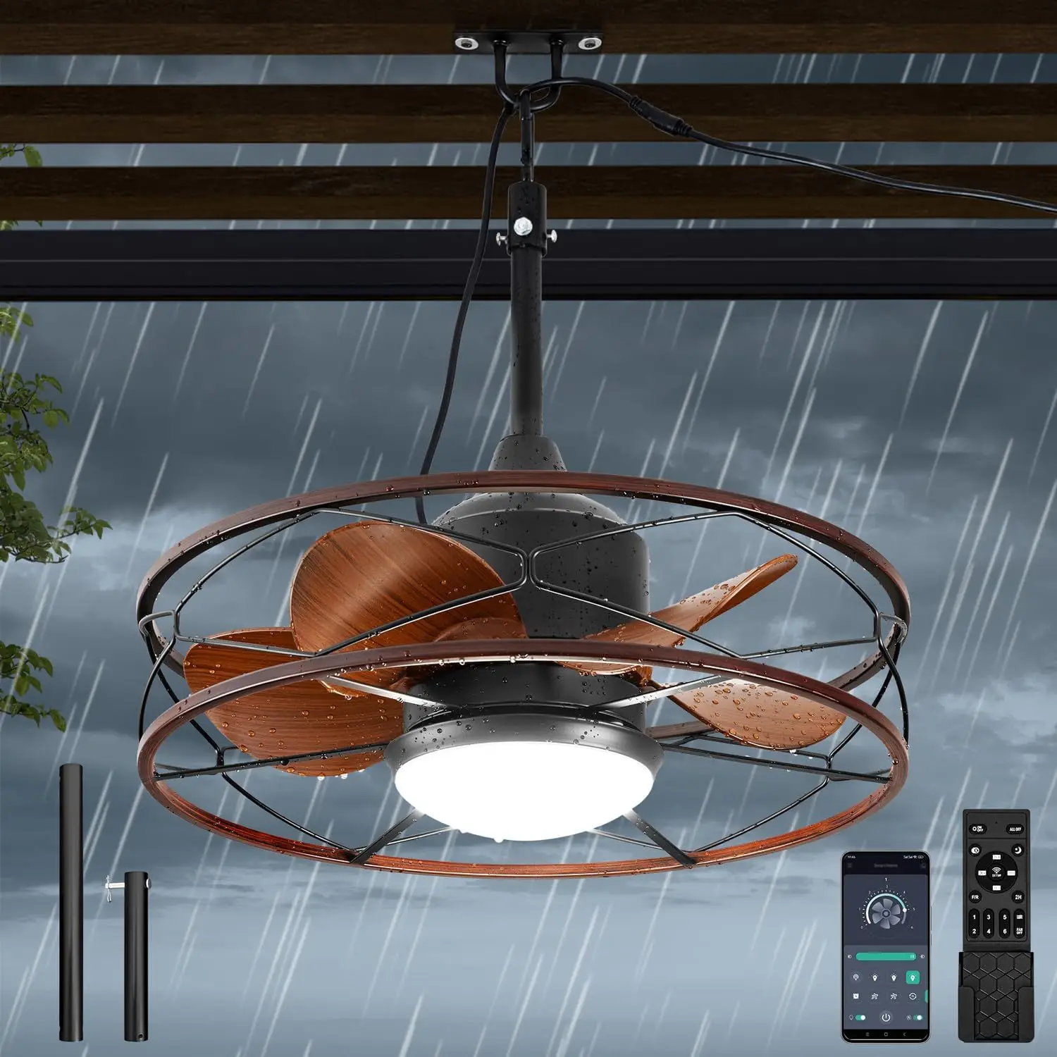20Inch LED Outdoor Ceiling Fan with Light and Remote Control Waterproof Gazebo Fan with Hook Black for Patios Pergola Porch