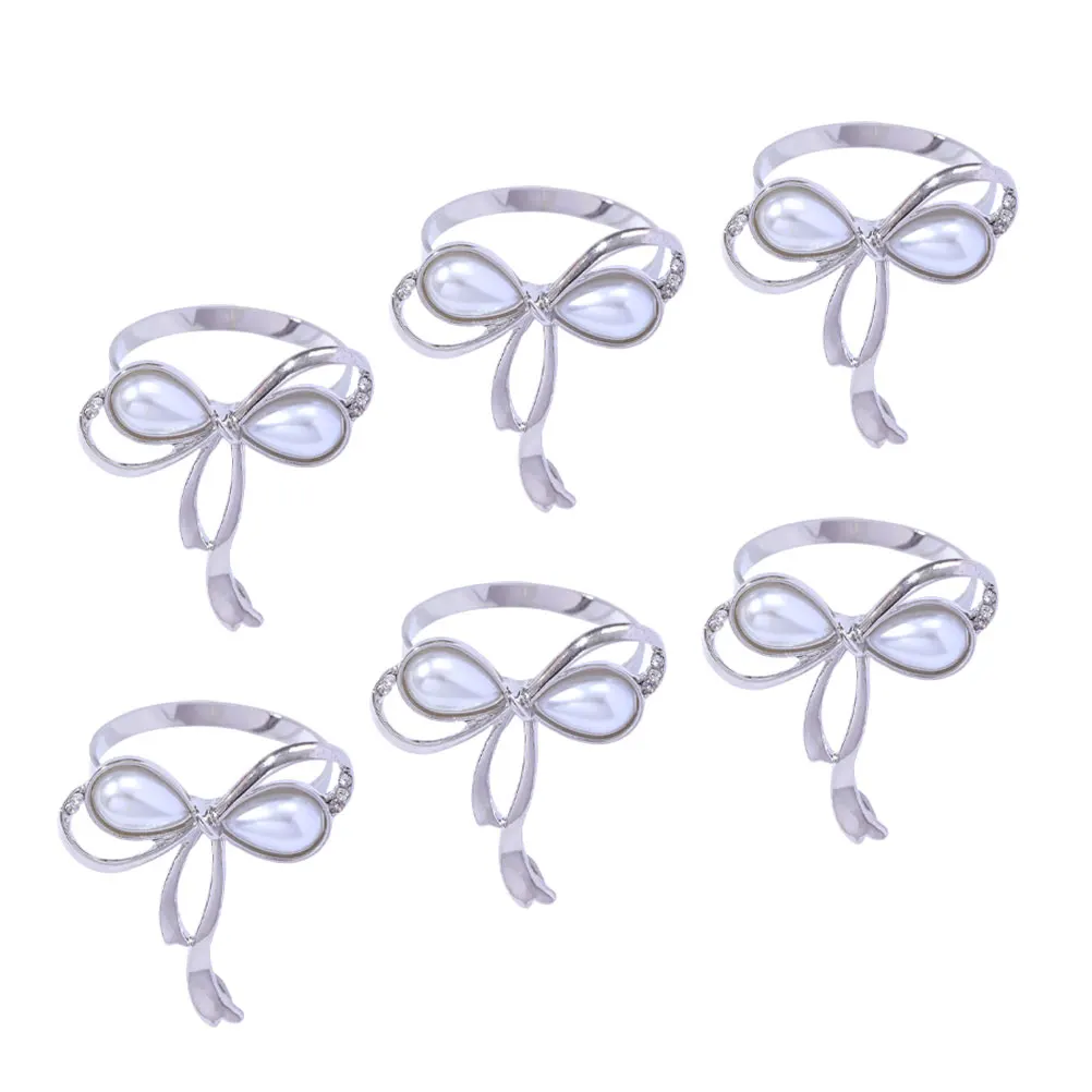 

6 Pcs Napkin Rings Holder Buckles Bow Shape Silver Christmas Bride Table Setting Decoration Glossy Elegant Metal Alloy