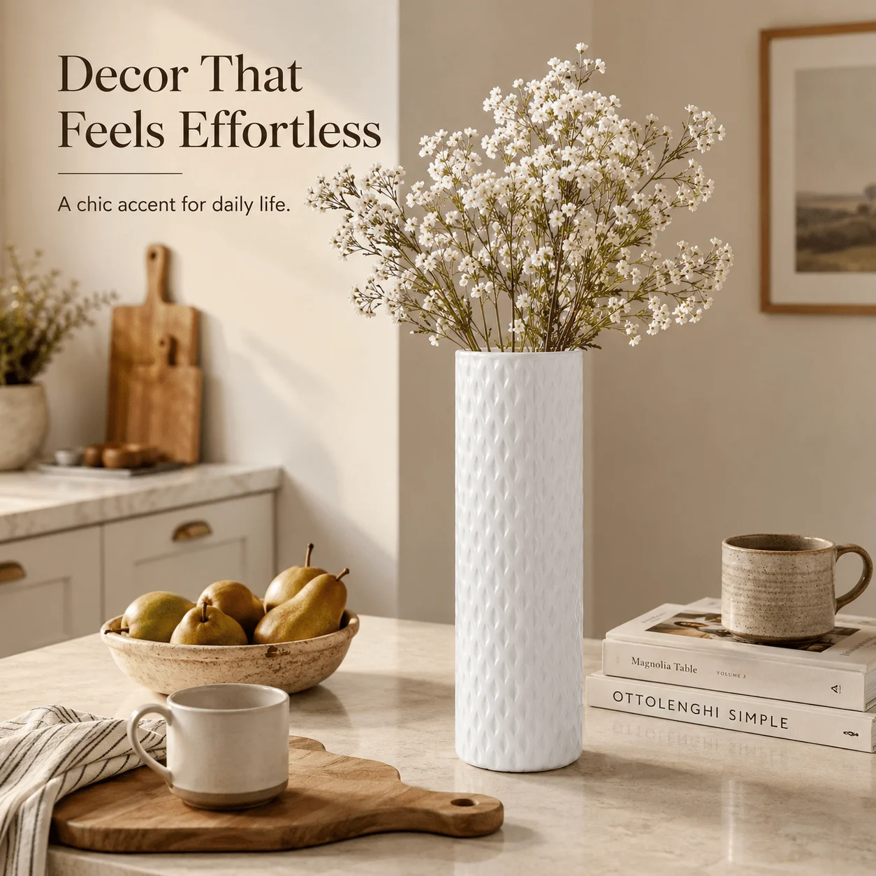 21-inch-Tall Modern Bohemian Shatterproof Floor Vase—A lightweight plastic cylinder perfect for dried flowers, reeds, and Scandinavian decor; ideal as a white centerpiece for homes, offices, weddings, and events
