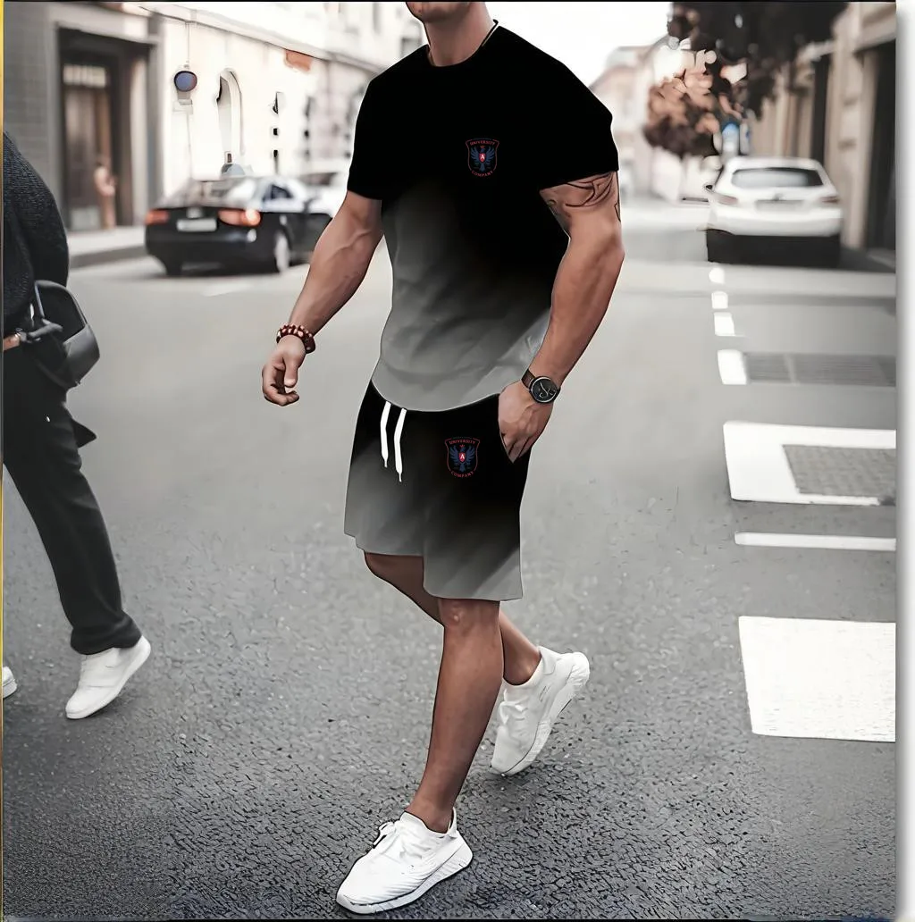 Fitness Clothes Men'S printing Quick-Dry Sportswear Set Summer Short-Sleeved T-Shirt Morning Running Basketball Training Room Sh