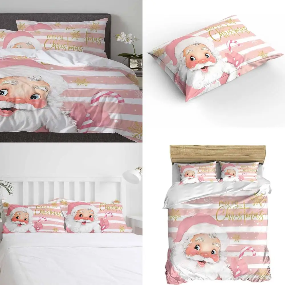 

Pink Cal. King Christmas Bedding Set with Snowflake Duvet Cover & Stripes - All-Season Breathable Comforter