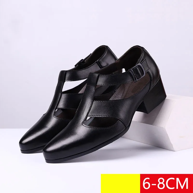 6-8 cm Height Increasing Platform Cow Leather Summer Men Breathable Dress Shoes Hollow Out Mens Office Sandals Black Size 38-44