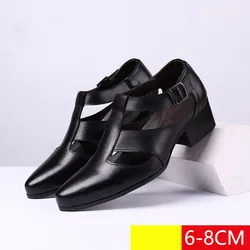 6-8 cm Height Increasing Platform Cow Leather Summer Men Breathable Dress Shoes Hollow Out Mens Office Sandals Black Size 38-44