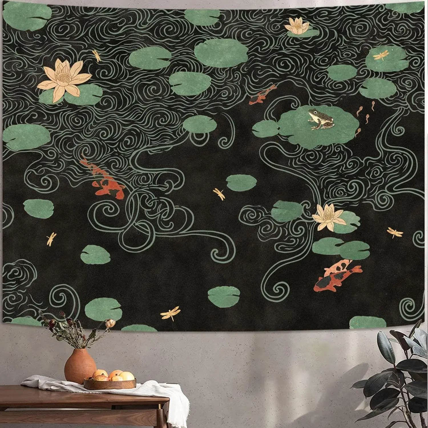 Black Lotus Pond Tapestry Wall Hanging Asian Polyester Backdrop Tropical Koi Zen Decor Japanese Floral Abstract Living Room Art