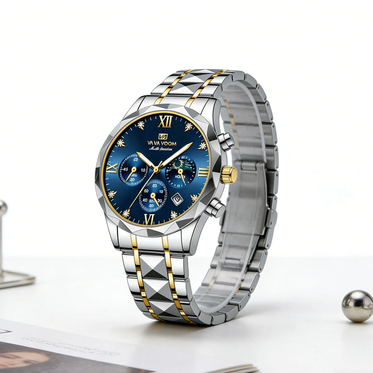 Luxury Men Watch With 41mm Blue Rhinestone Dial Dual Tone Stainless Steel Strap Timing Multifunctional Business Quartz Men Watch