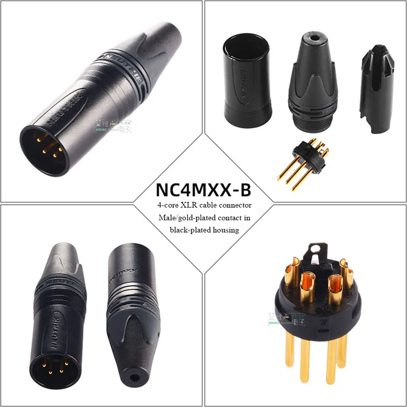 XLR 4-polige Stecker- und Buchsenanschlüsse Neutrik NC4MXX mit Farbring und Schwanzhülse zur Kodierungserkennung, symmetrischer XLR-Stecker – Detail 14