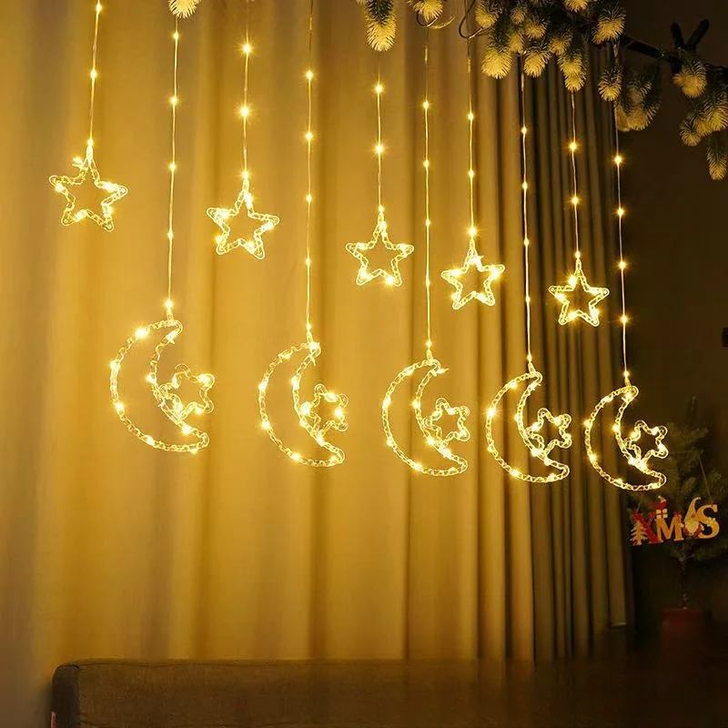 1PC Starry Moon Curtain Light Ramadan Atmosphere Decorative Light USB Eight Modes Romantic Creative Warm White Light String
