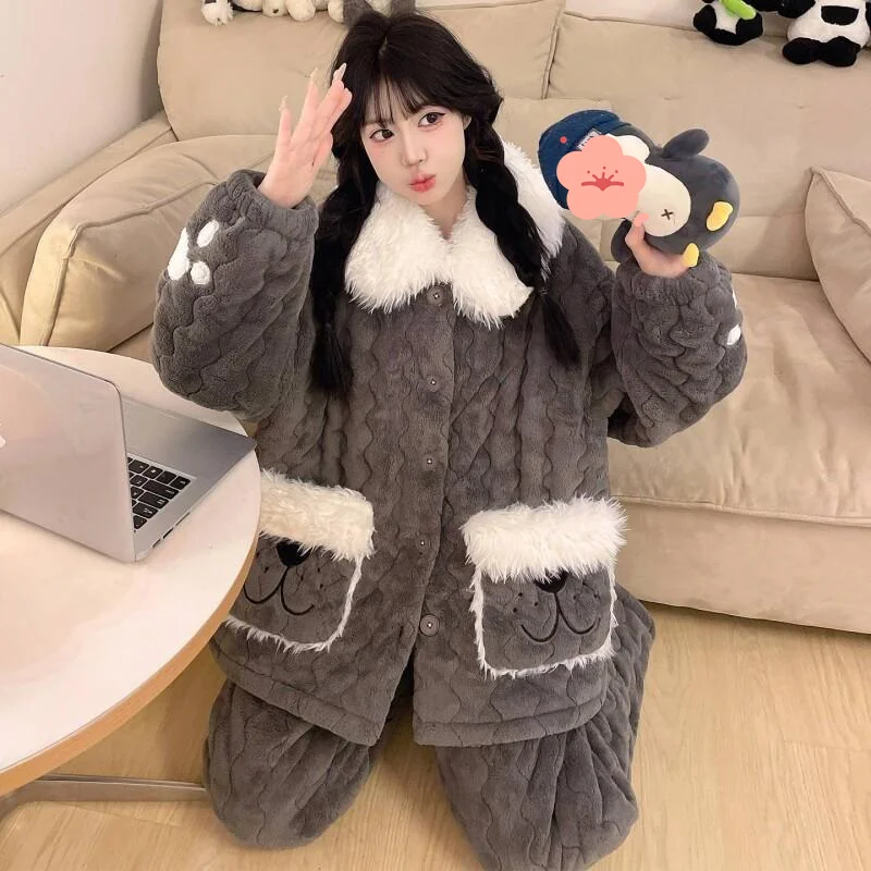 Pijamas de mujer, ropa de dormir cómoda, conjunto de pijama de algodón, invierno, otoño, acolchado, oso coreano, forro polar Coral, traje para casa grueso y cálido para adolescentes