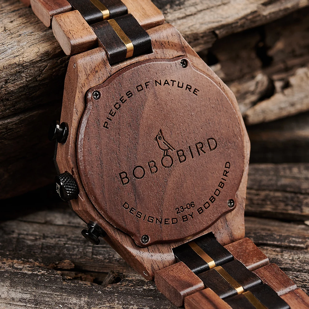 BOBOBIRD Orologi da uomo in legno con datario Orologio da polso al quarzo Moda Nome personalizzato Testo posteriore Relogio Masculino Dropshipping