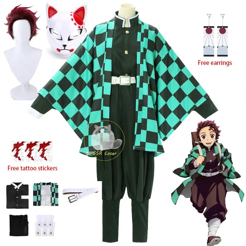 Bilibili Tanjirou Kamado Cosplay Anime Kimetsu No Yaiba Cosplay Costume Uniform Haori Kimono Wig Mask Halloween Adult Child